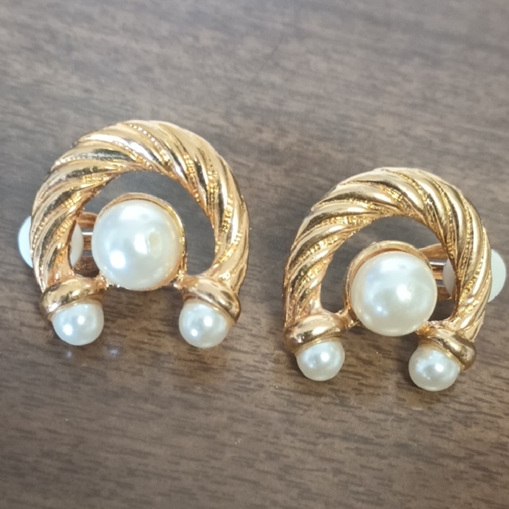 Clip On Gold Tome and Faux Pearl Earrings